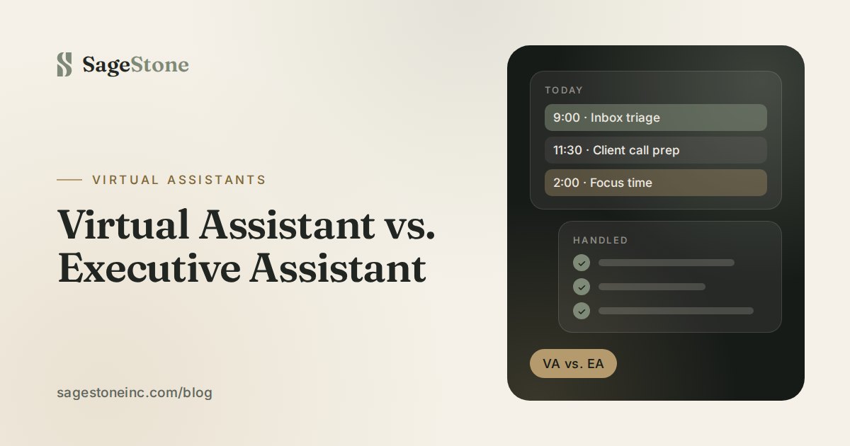 Virtual Assistant vs. Executive Assistant: SageStone blog cover