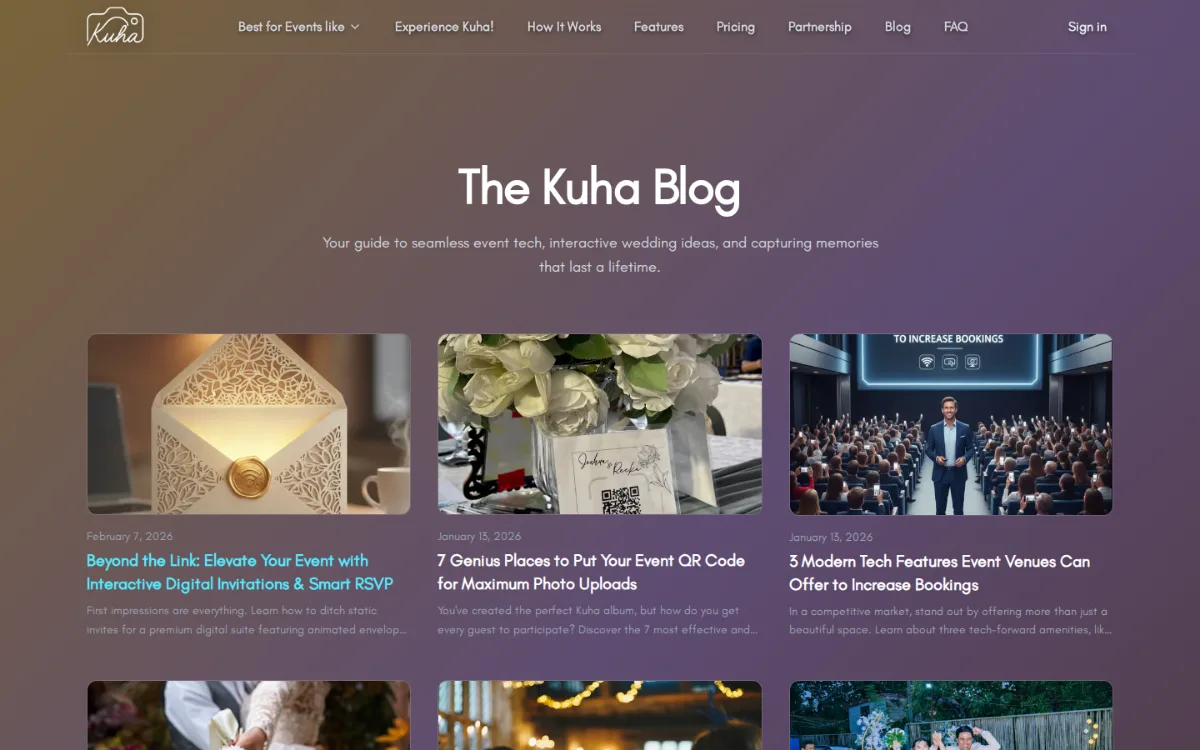 The Kuha Blog index with articles on digital invitations, event QR code placement, and venue tech