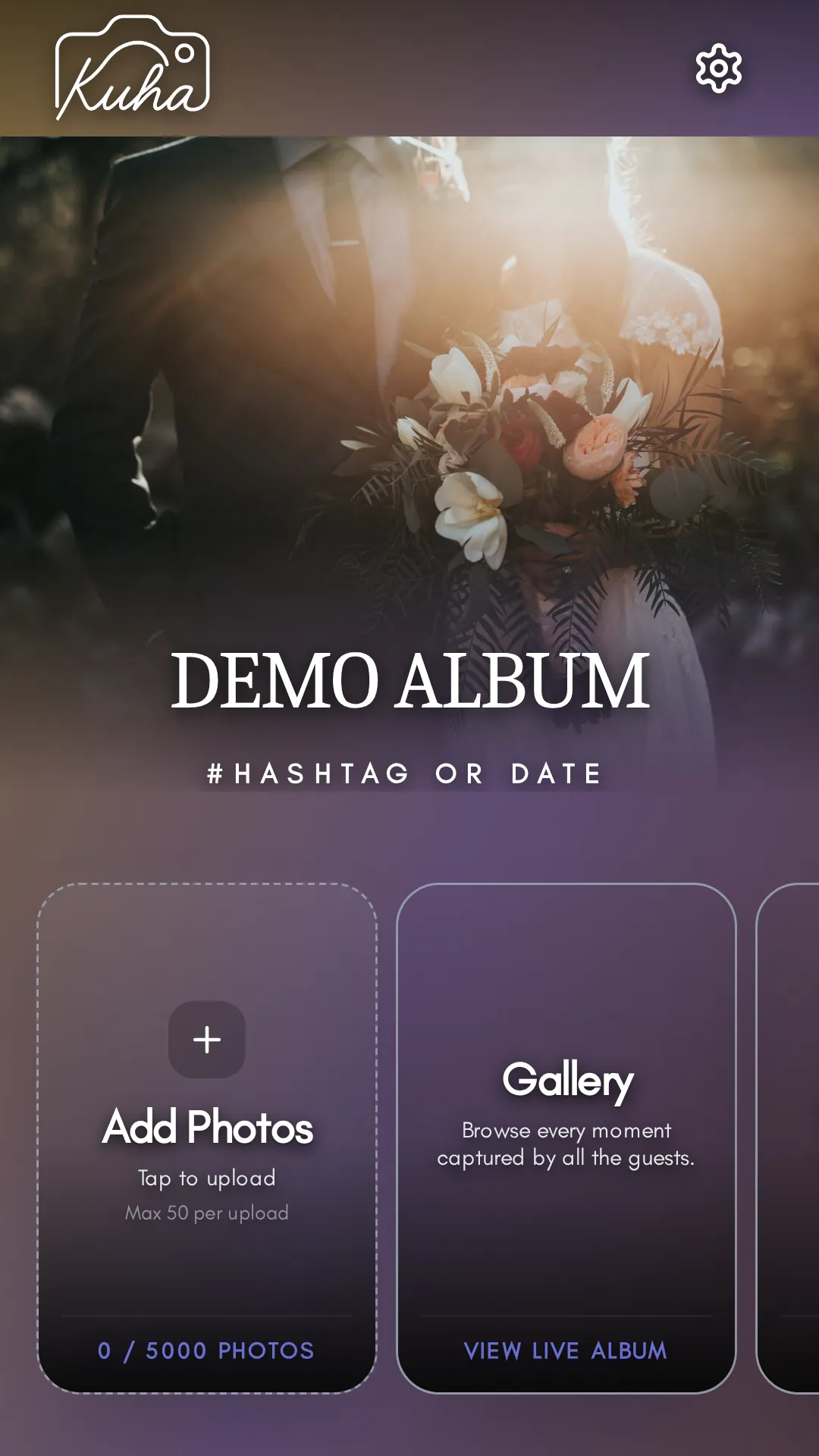 Kuha guest album on a phone with Add Photos and live Gallery options for a wedding