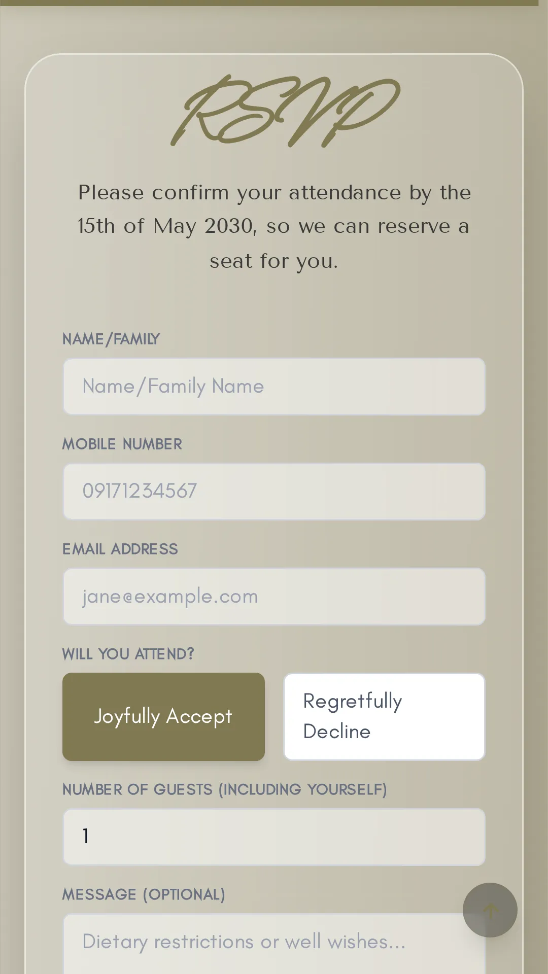 Kuha RSVP form on a phone asking for name, Philippine mobile number, email, and attendance