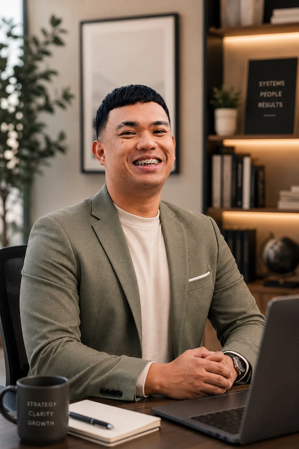 SageStone's founder at work in a warm, naturally lit office